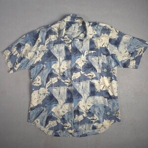Roundtree & Yorke Mens Silk Hawaiian Shirt Blue Beige Tropical Sailboat Palms